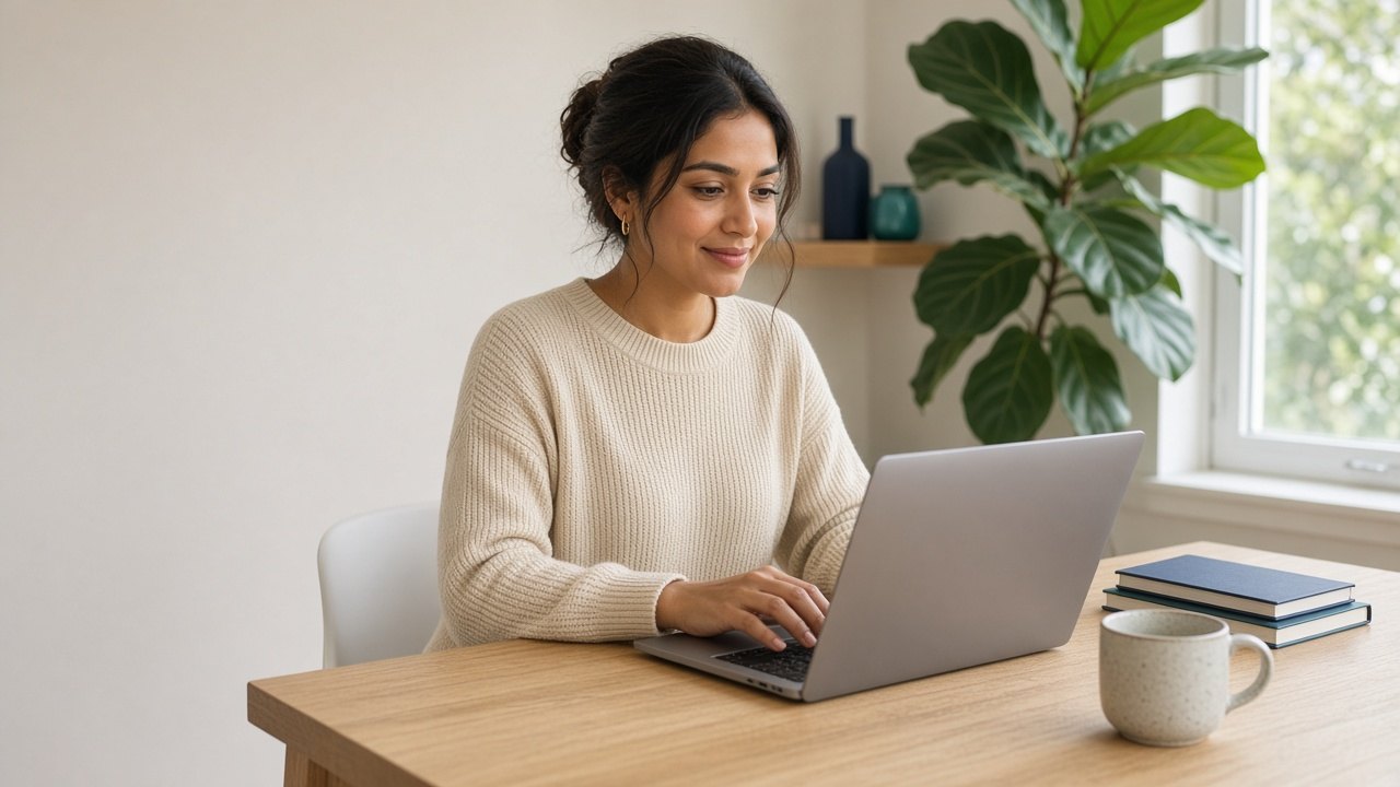 Real estate agent working on a laptop in a bright home office