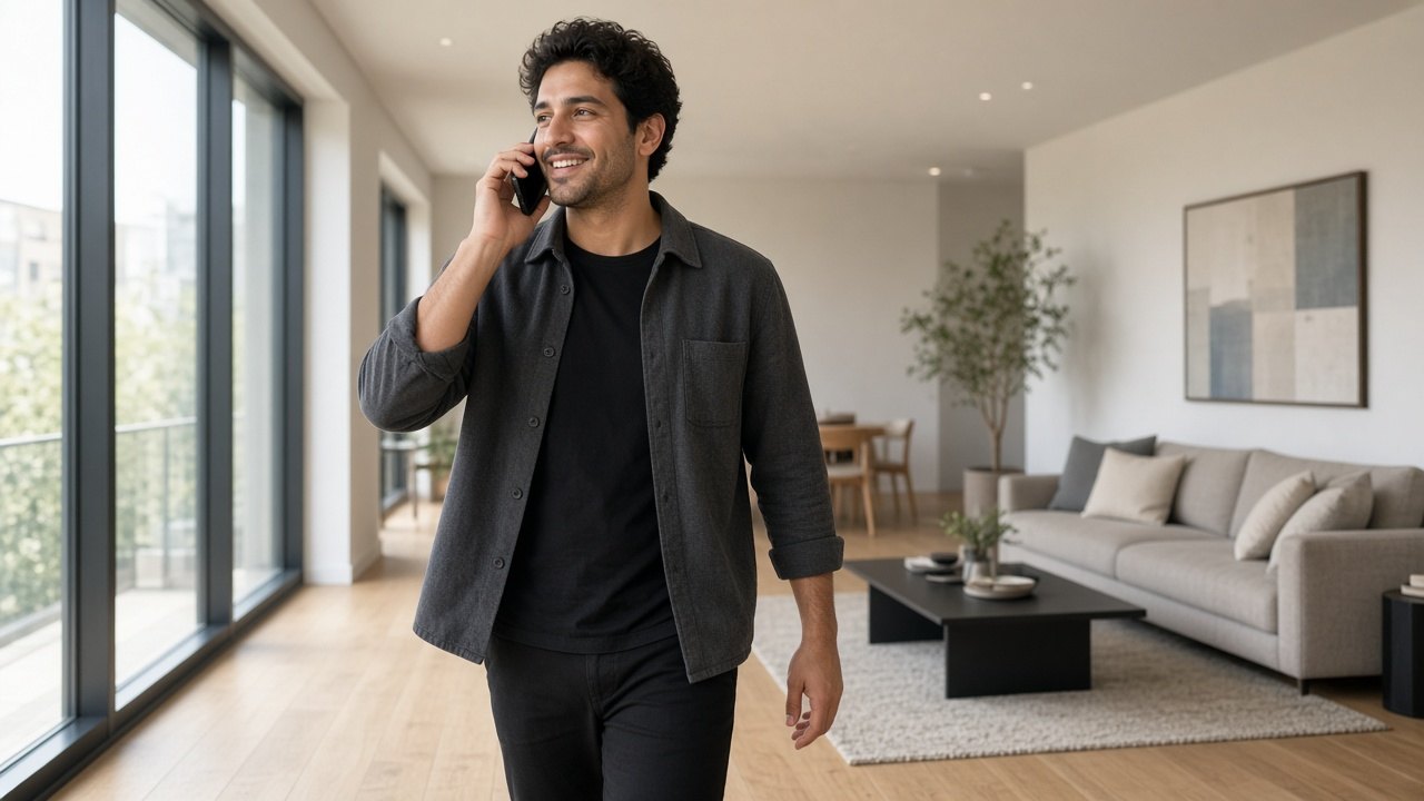 Agent on a phone call walking through a modern listing