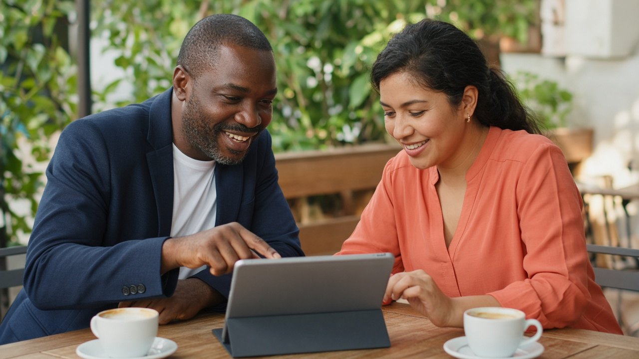 Two agents reviewing numbers on a tablet at a cafe table